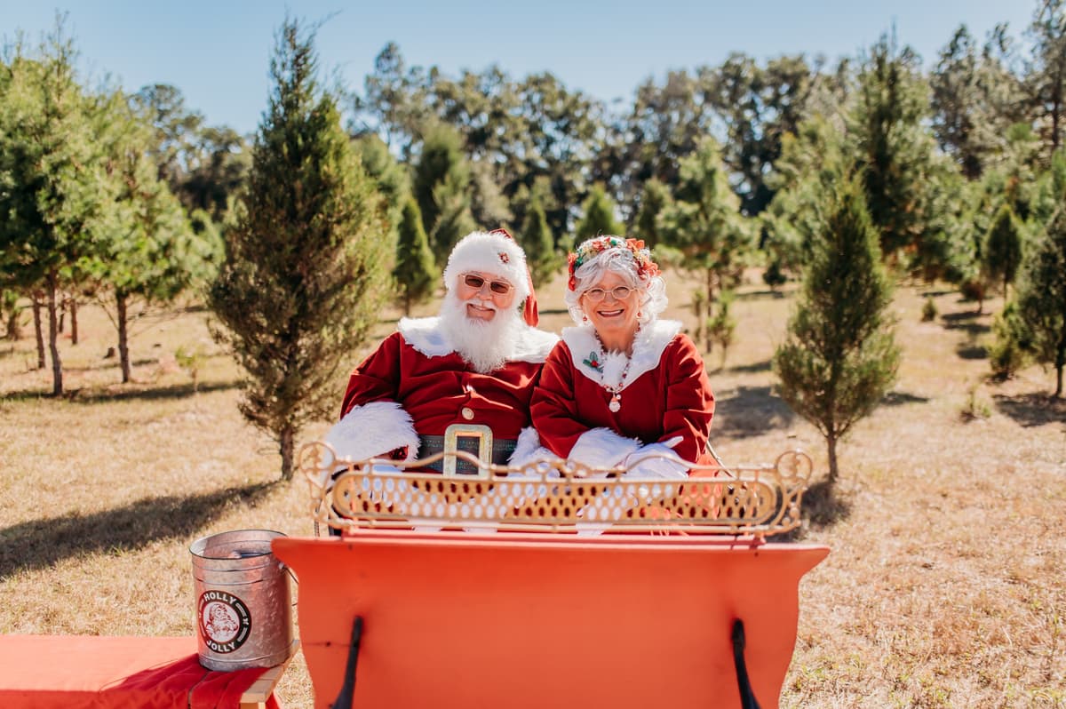 Santa and Mrs. Claus smiling in a red sleigh among the trees at Aimee's Acres